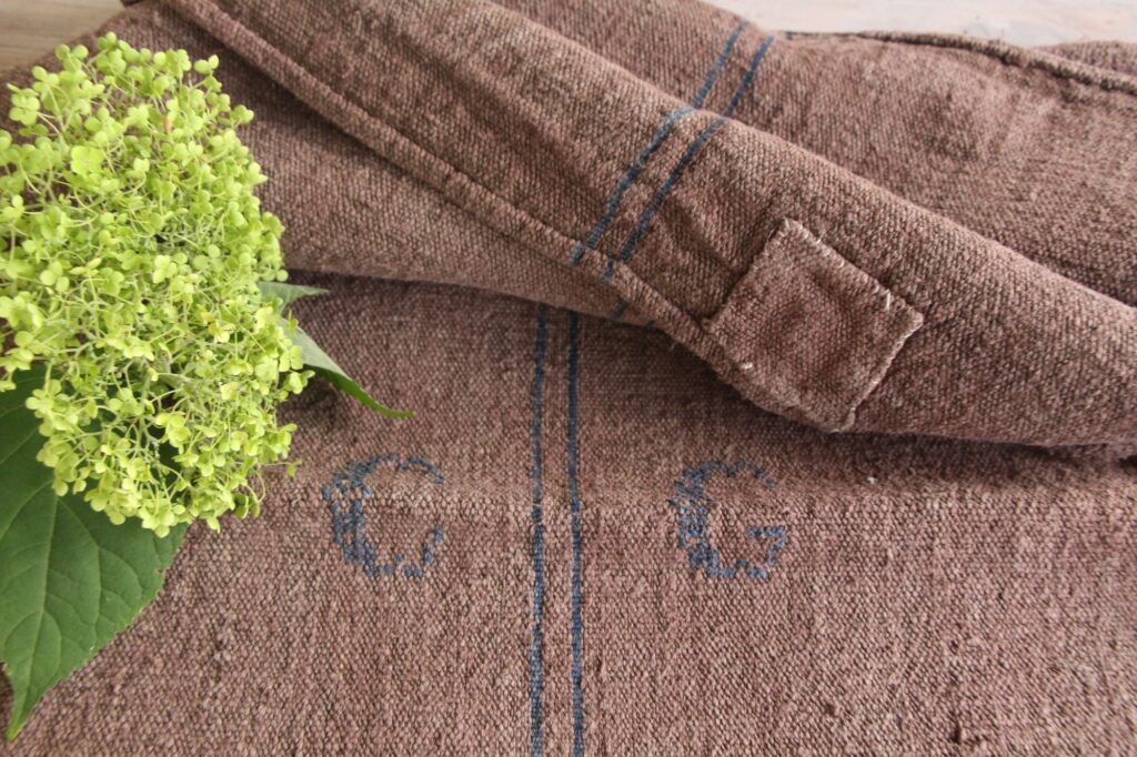 dyed antique linen grain sack, handwoven, rug fabric, durable L 756