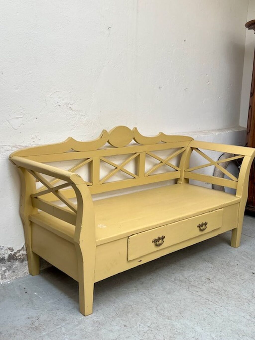 handcrafted antique, austrian wooden bench, craftmanship, farmhouse style A 858 - Image 3
