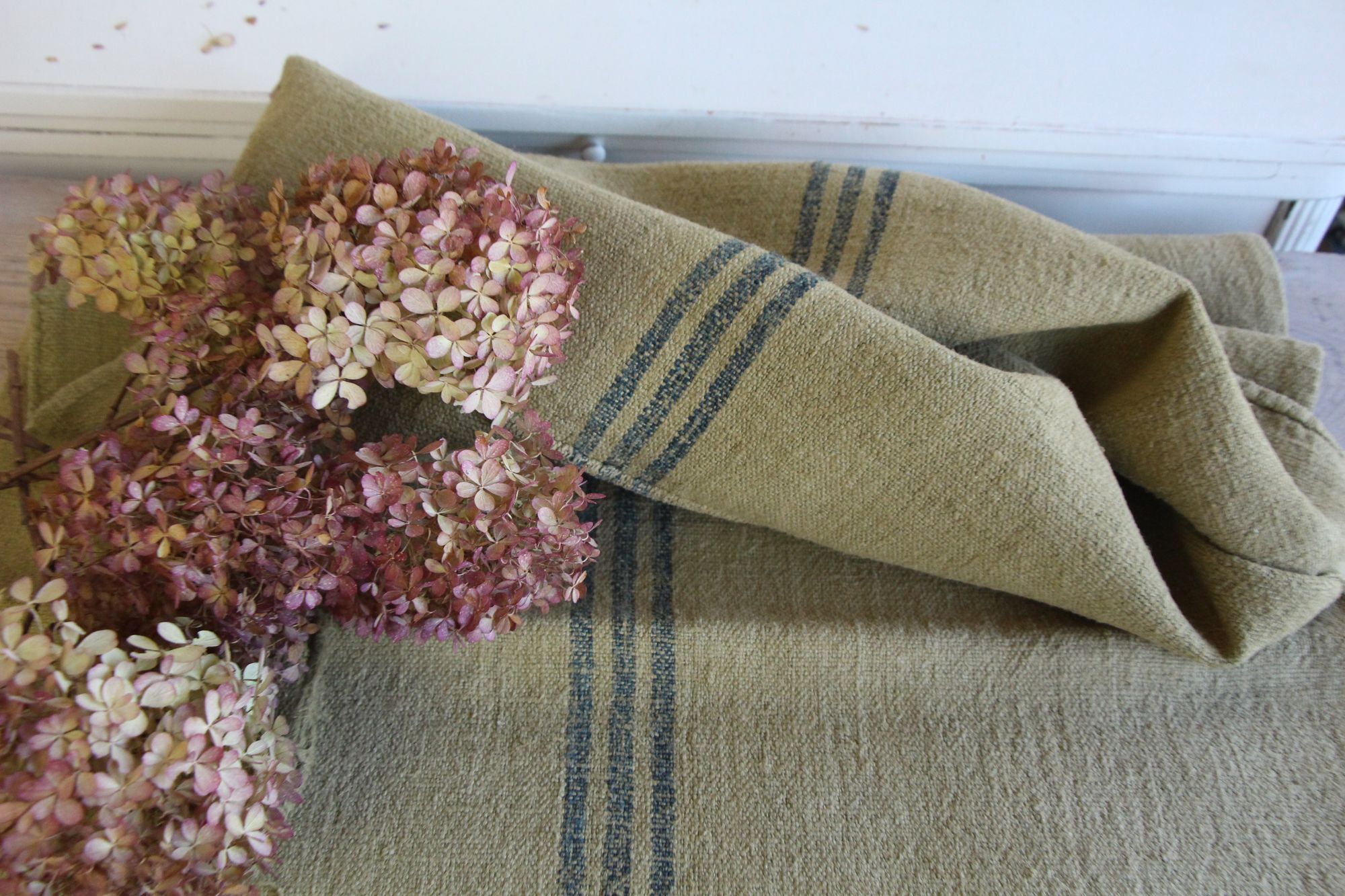 gefärbter antiker Leinen-Getreidesack, handgewebt, Hochzeitsdeko, langlebig, L 293