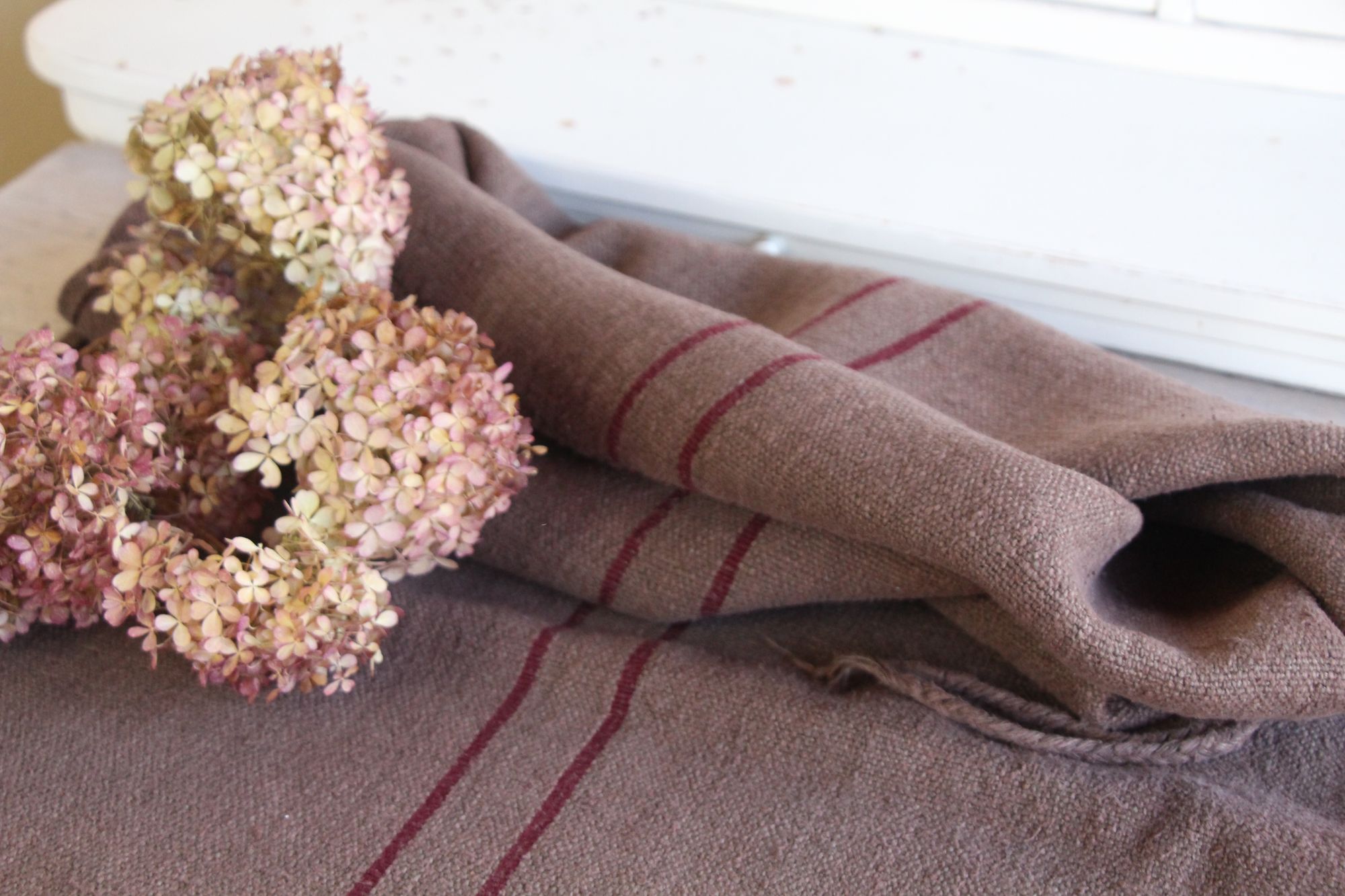 dyed antique linen grain sack, handwoven, farmhouse decor, durable, L 775