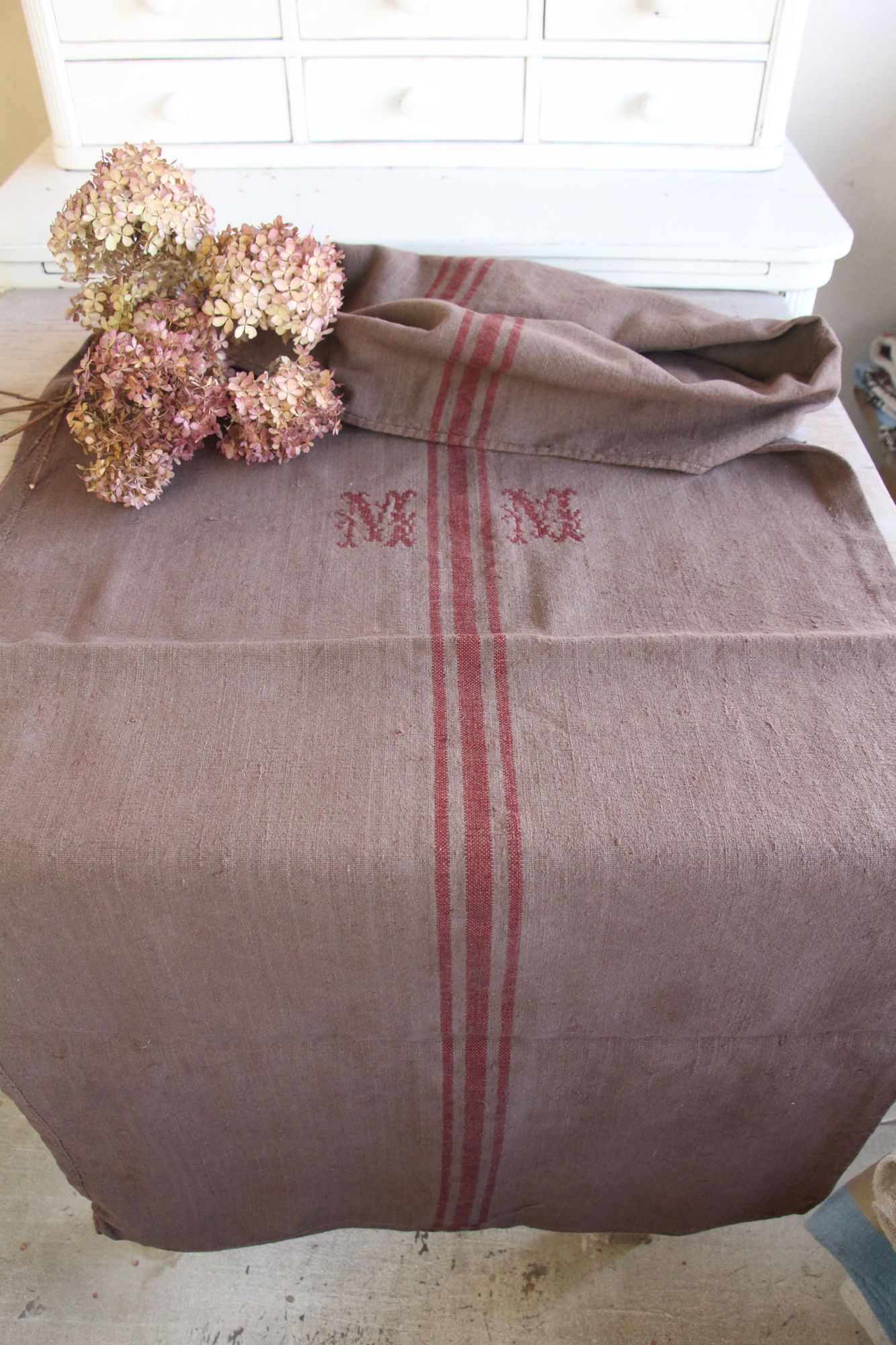 dyed antique linen grain sack, handwoven, farmhouse decor, Monograms, durable, L 774 - Image 9