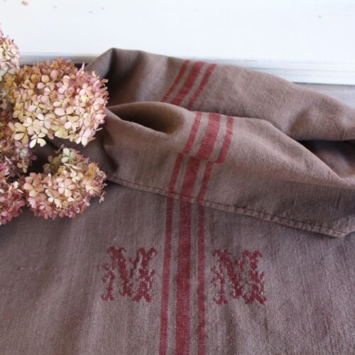 gefärbter antiker Leinen-Getreidesack, handgewebt, Landhaus Dekor, Monogramm, langlebig, L 774