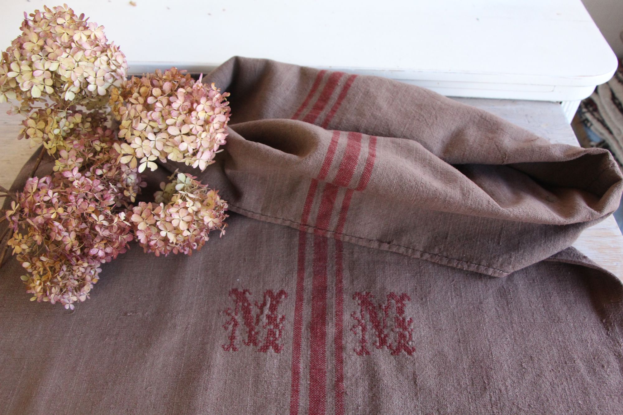 dyed antique linen grain sack, handwoven, farmhouse decor, Monograms, durable, L 774