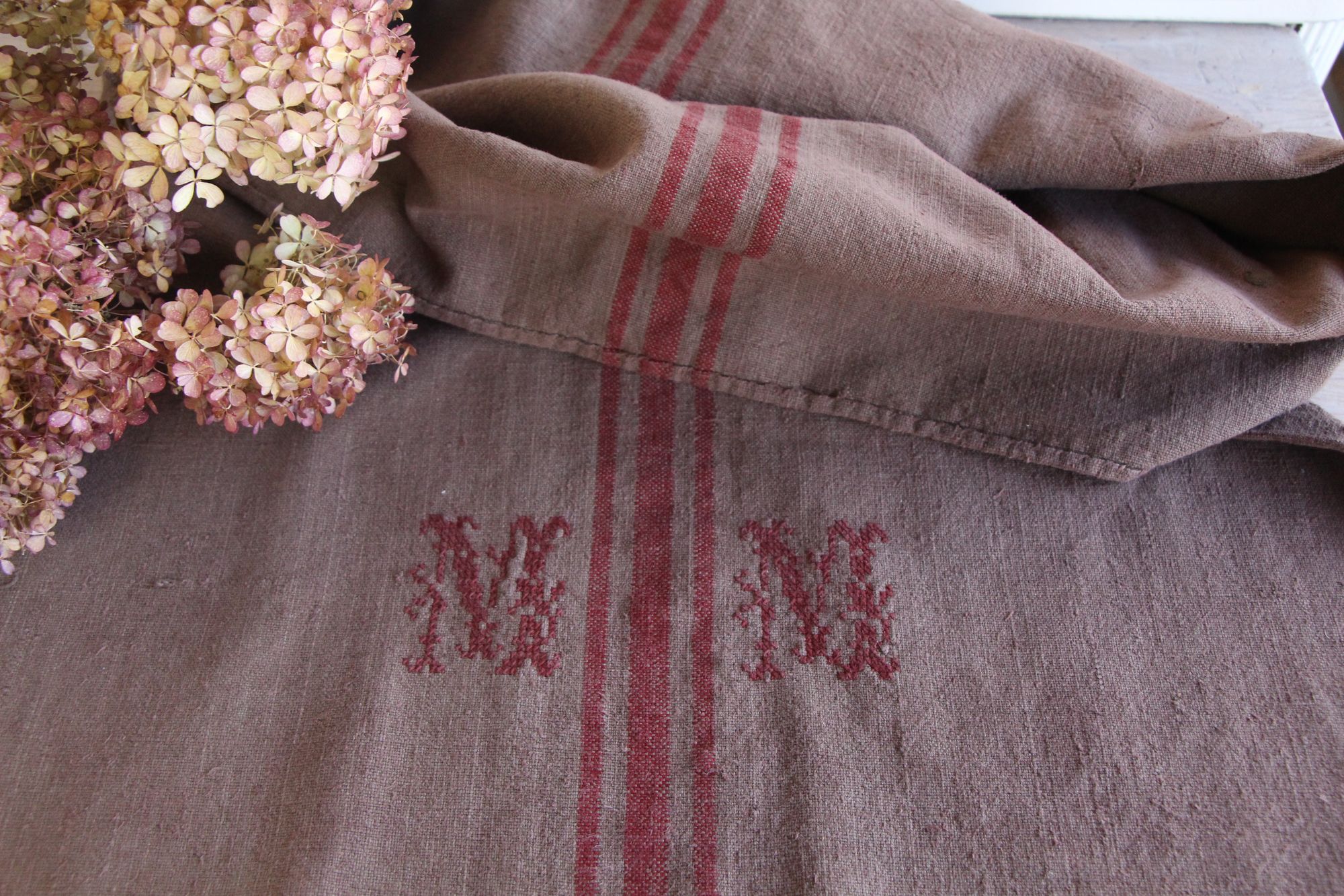 dyed antique linen grain sack, handwoven, farmhouse decor, Monograms, durable, L 774 - Image 8