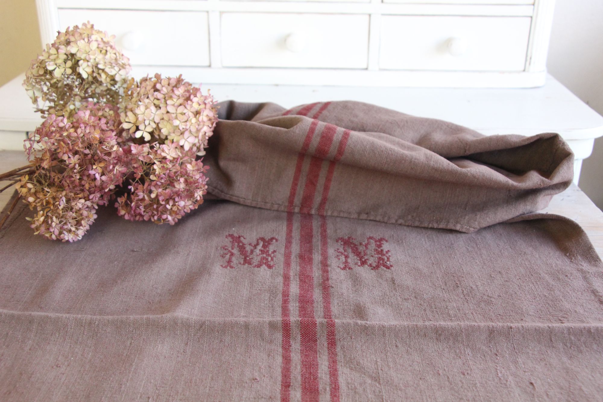 dyed antique linen grain sack, handwoven, farmhouse decor, Monograms, durable, L 774 - Image 5