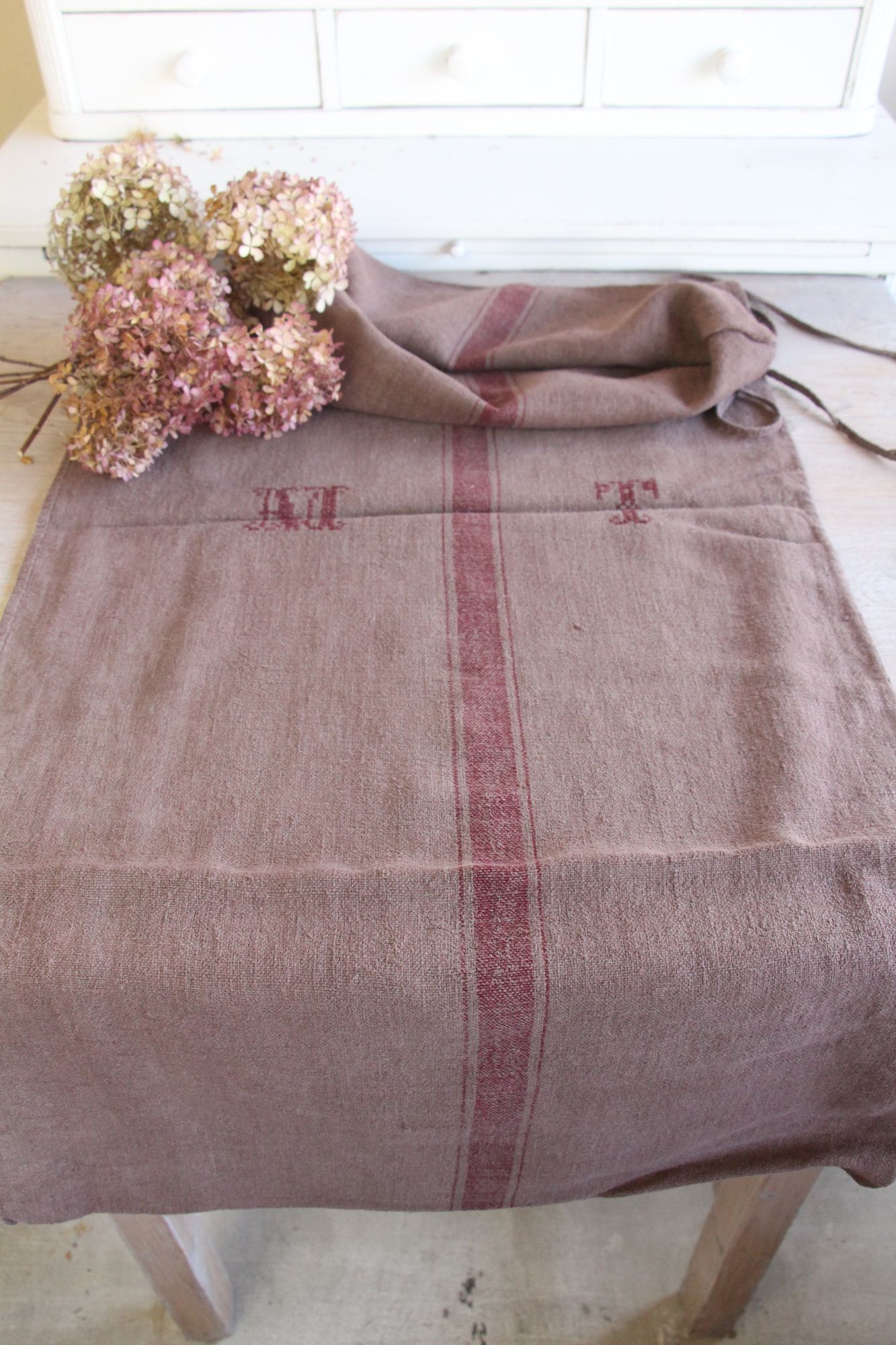 dyed antique linen grain sack, handwoven, farmhouse decor, Monograms, durable, L 773 - Image 4