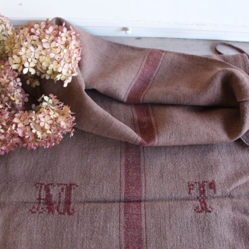gefärbter antiker Leinen-Getreidesack, handgewebt, Landhaus Dekor, Monogramm, langlebig, L 773