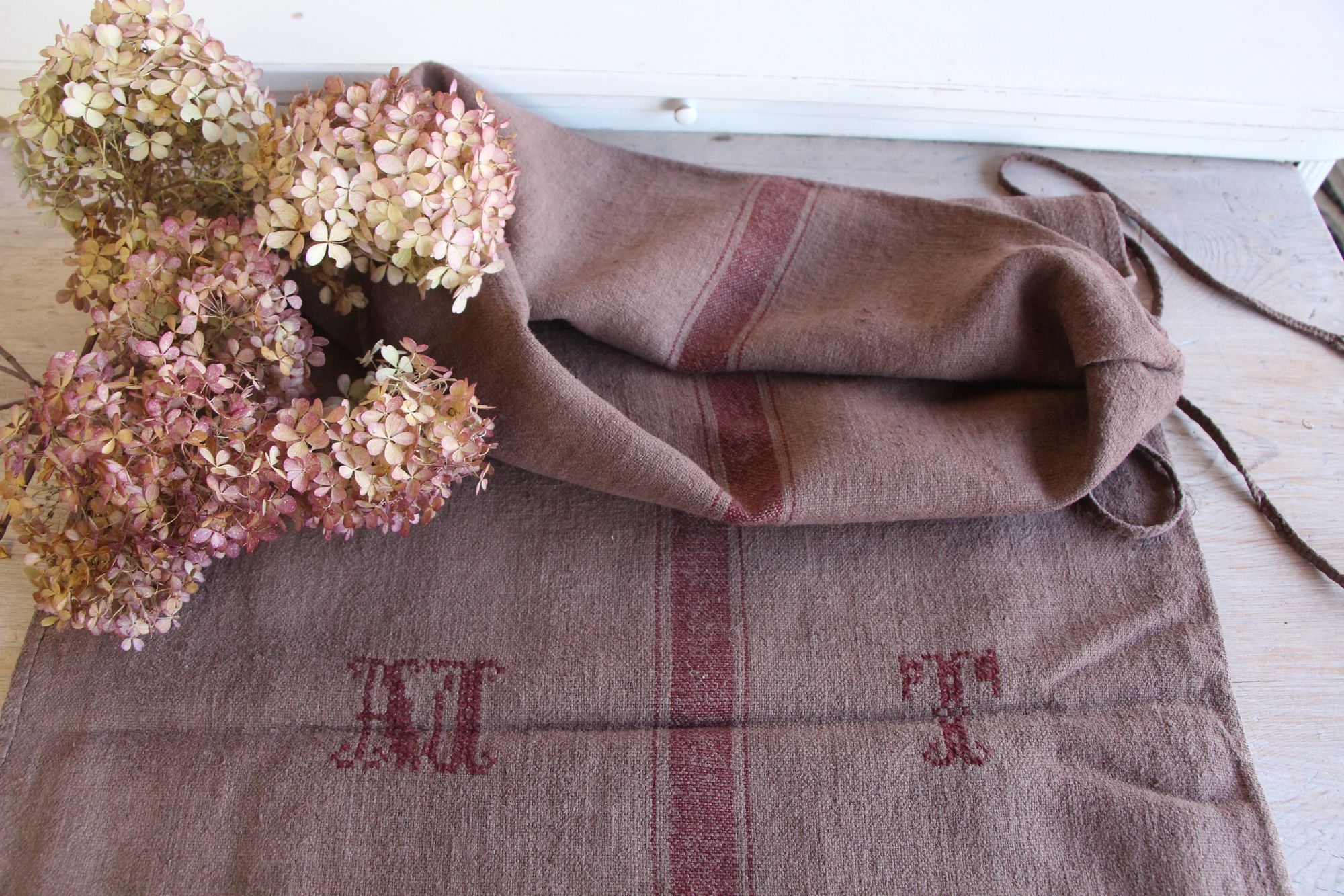 dyed antique linen grain sack, handwoven, farmhouse decor, Monograms, durable, L 773