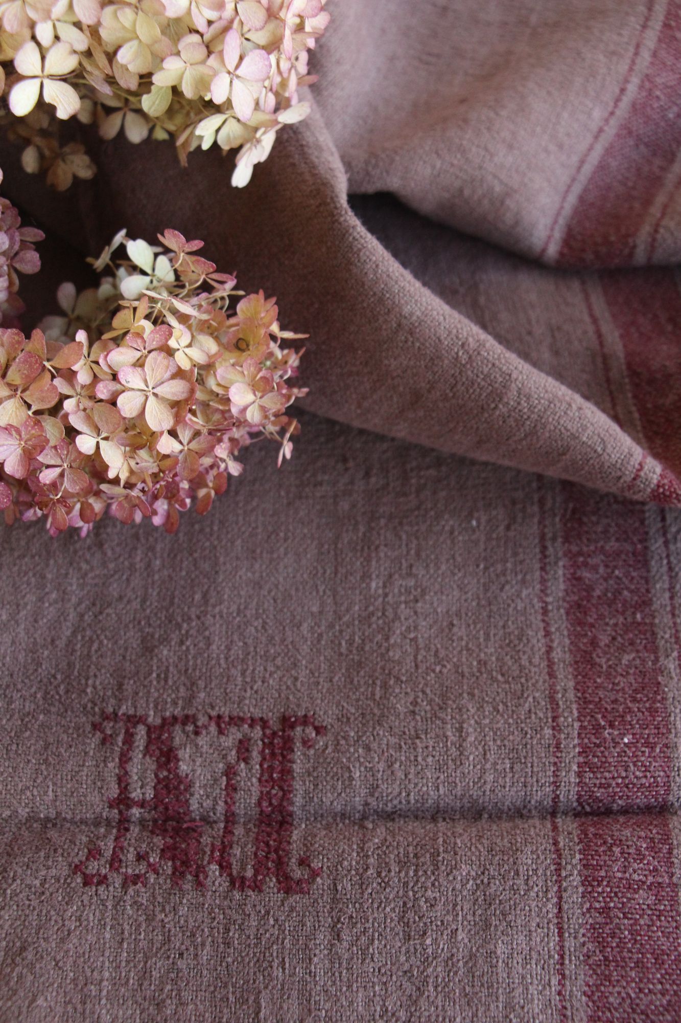 dyed antique linen grain sack, handwoven, farmhouse decor, Monograms, durable, L 773 - Image 7