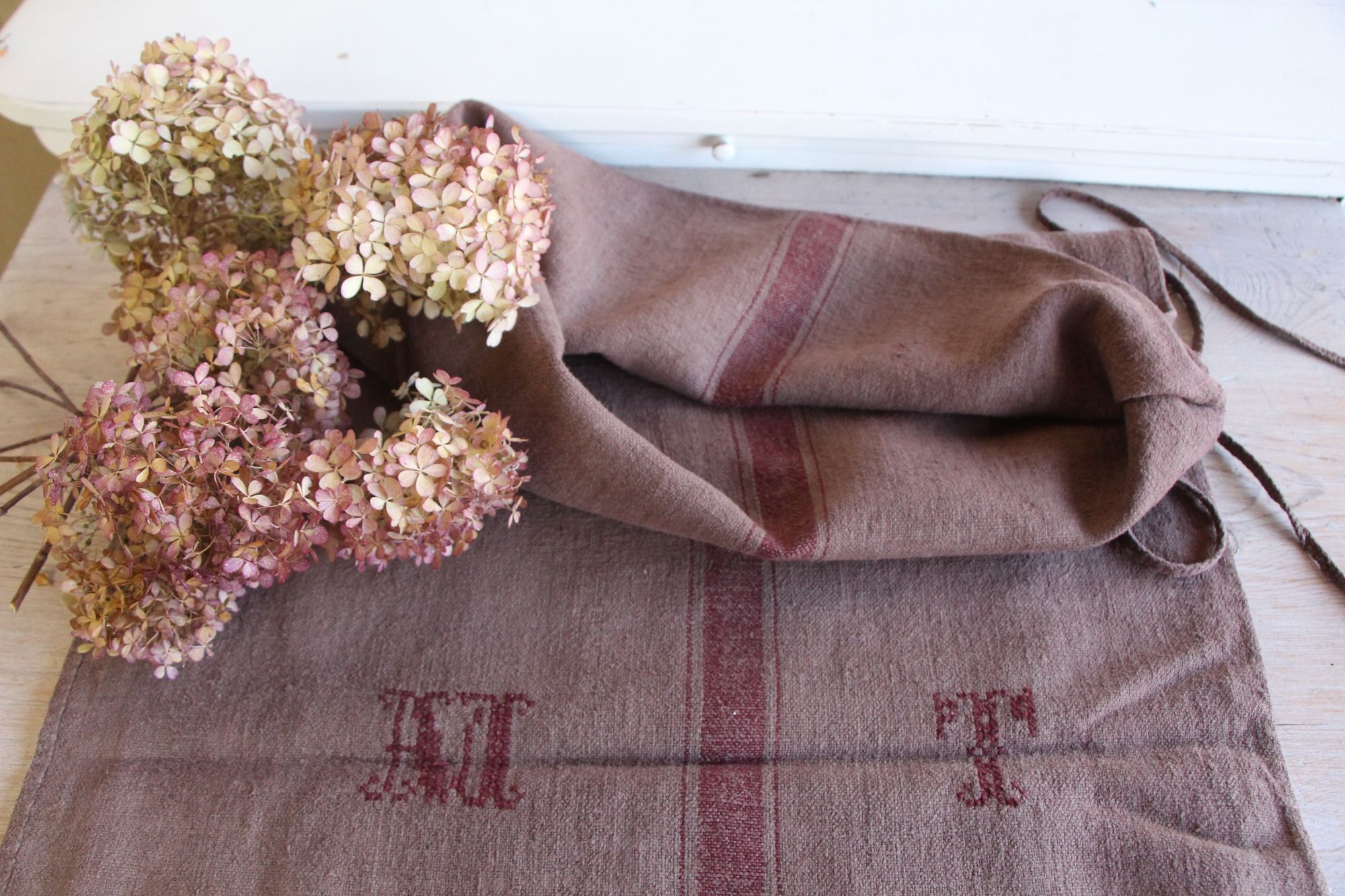 dyed antique linen grain sack, handwoven, farmhouse decor, Monograms, durable, L 773 - Image 5