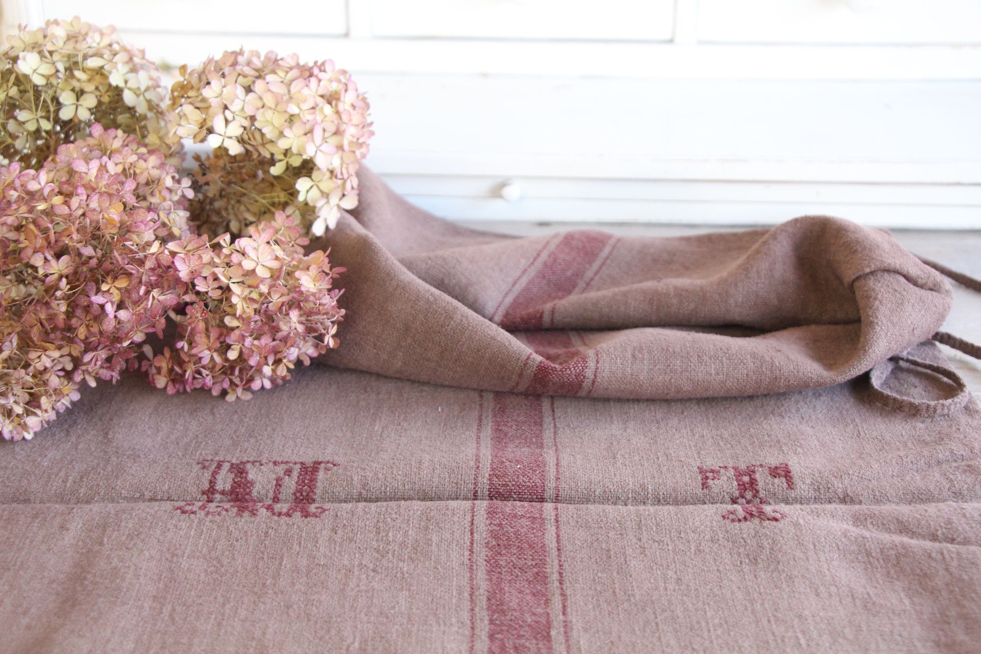 dyed antique linen grain sack, handwoven, farmhouse decor, Monograms, durable, L 773 - Image 2