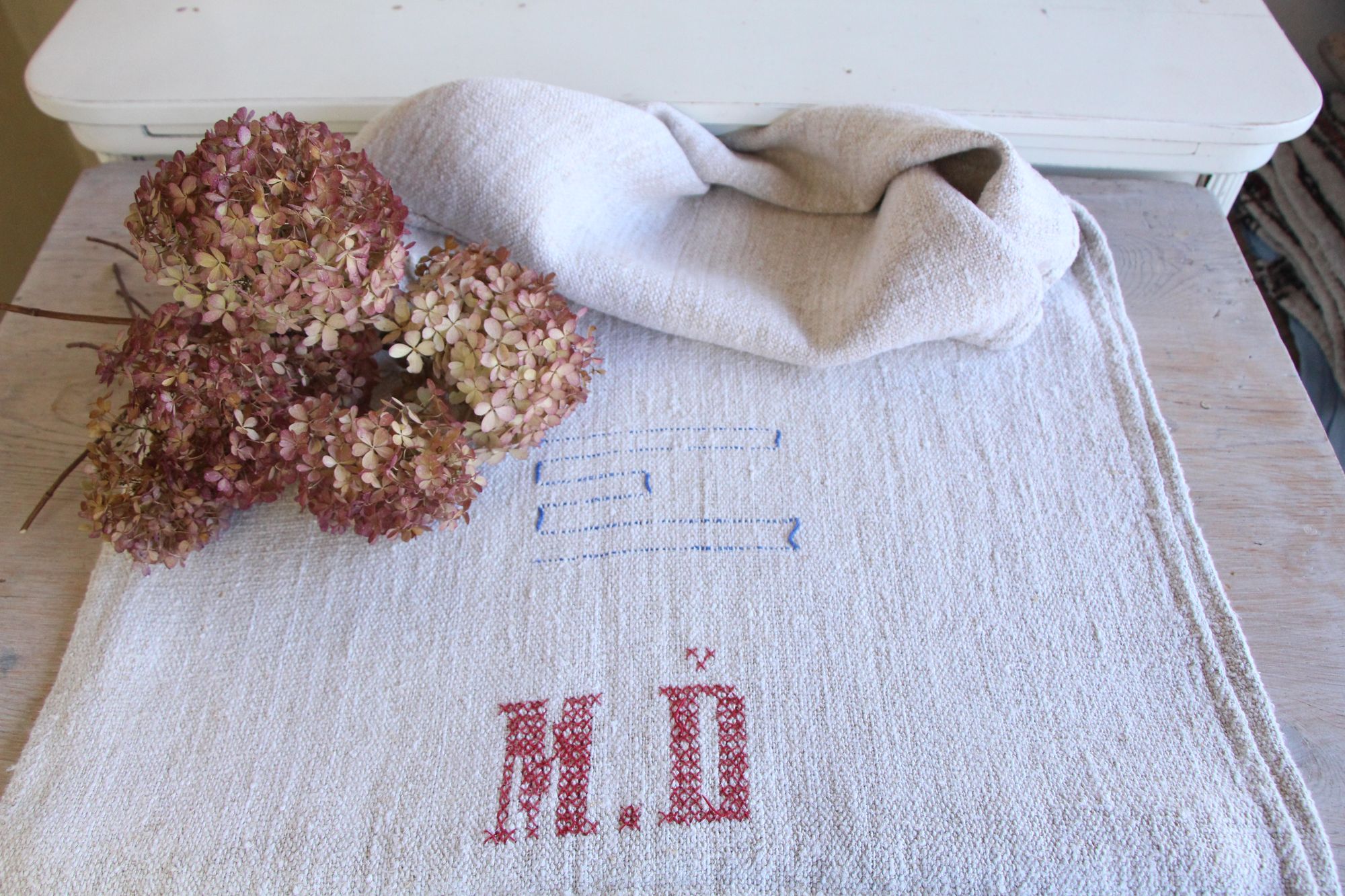 antiker Getreidesack aus Leine, Naturstoff, Tischläufer, Monogramm, langlebig, L 714 – Bild 5