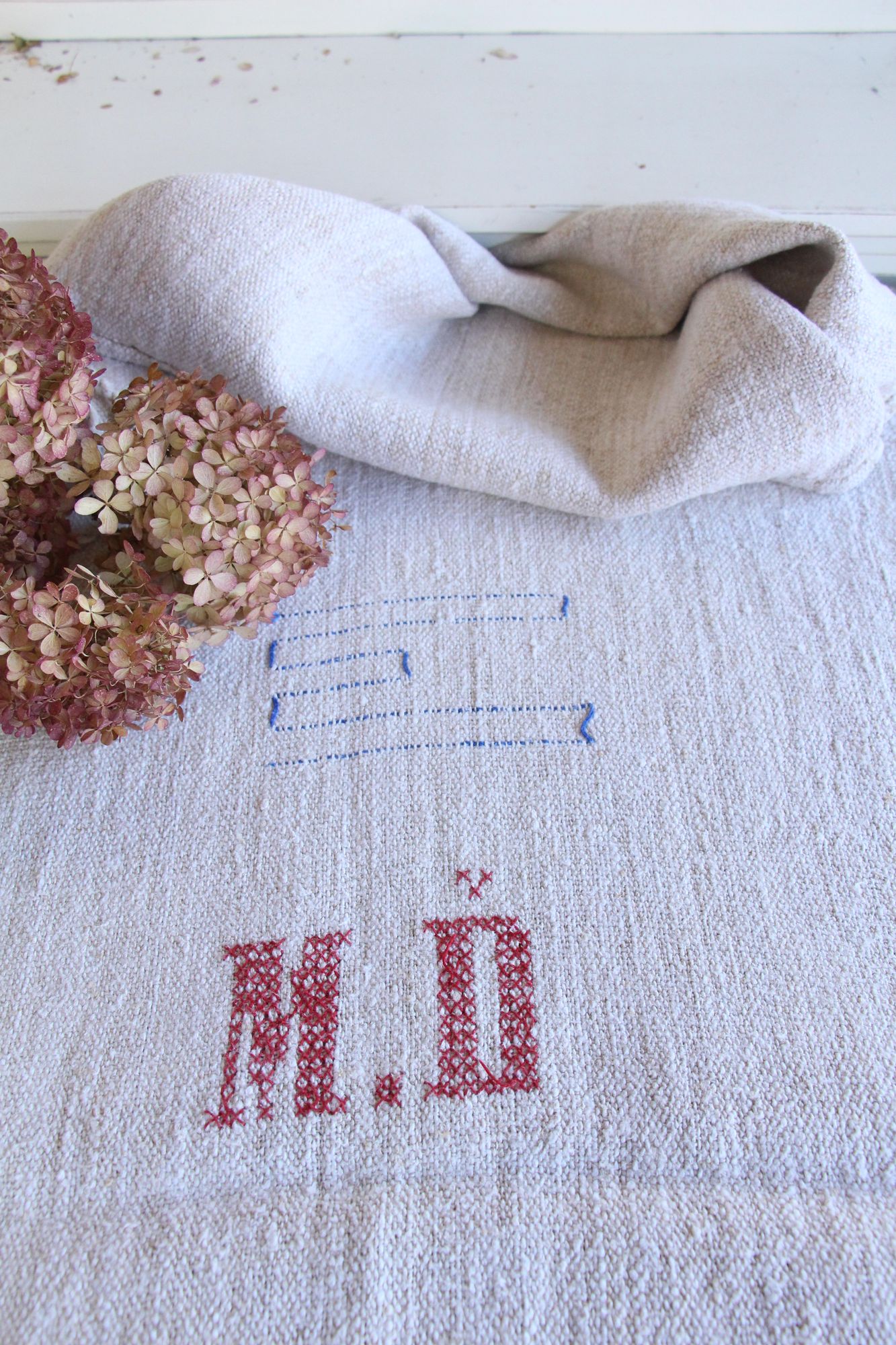 antiker Getreidesack aus Leine, Naturstoff, Tischläufer, Monogramm, langlebig, L 714