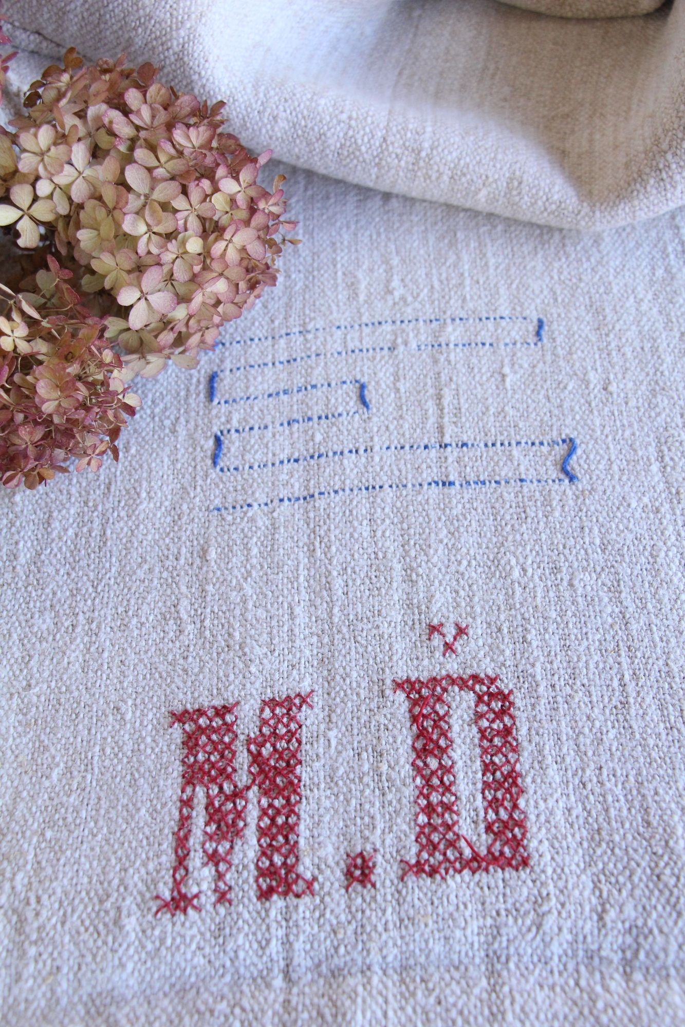 antiker Getreidesack aus Leine, Naturstoff, Tischläufer, Monogramm, langlebig, L 714 – Bild 9