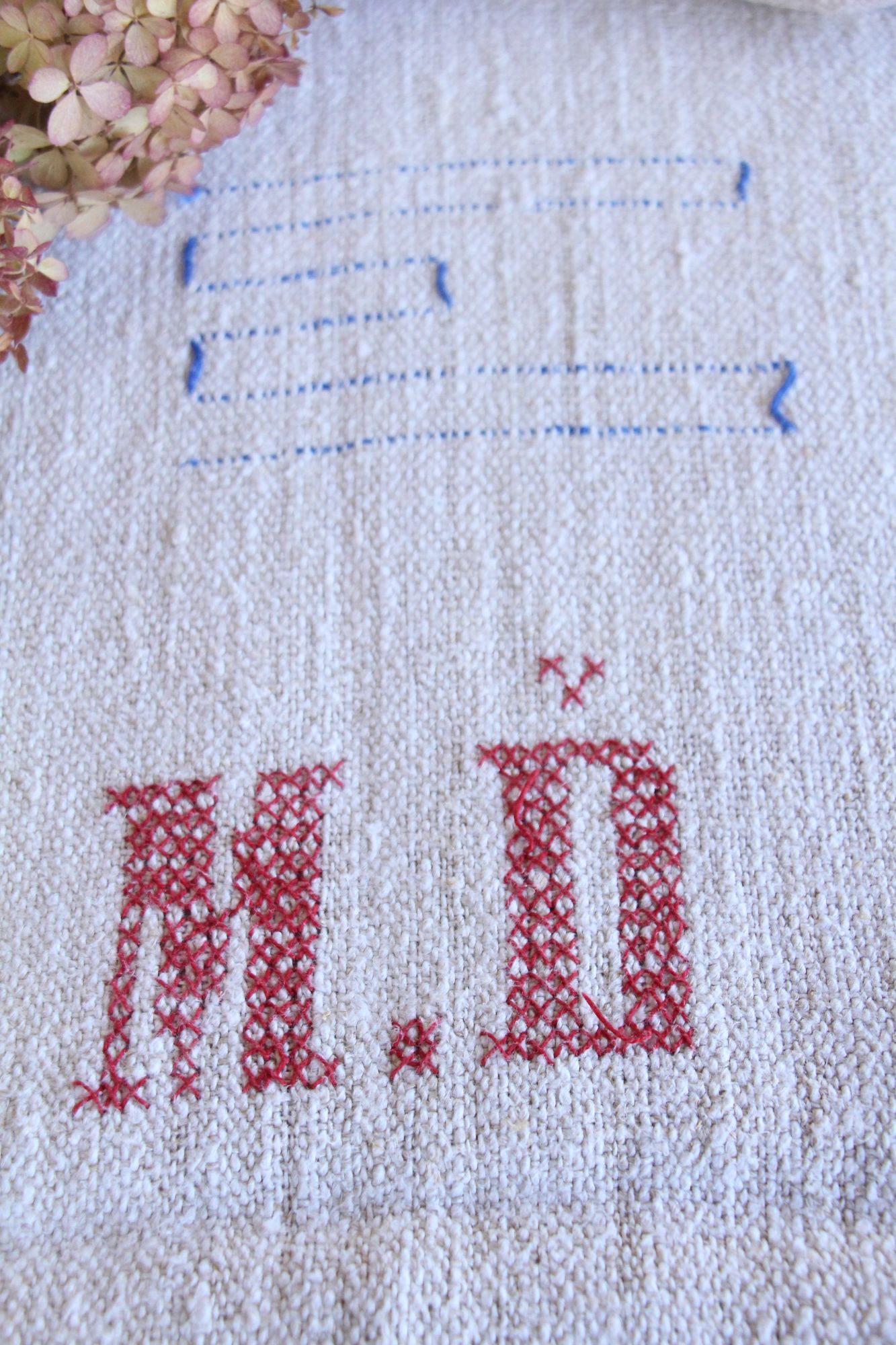 antiker Getreidesack aus Leine, Naturstoff, Tischläufer, Monogramm, langlebig, L 714 – Bild 8