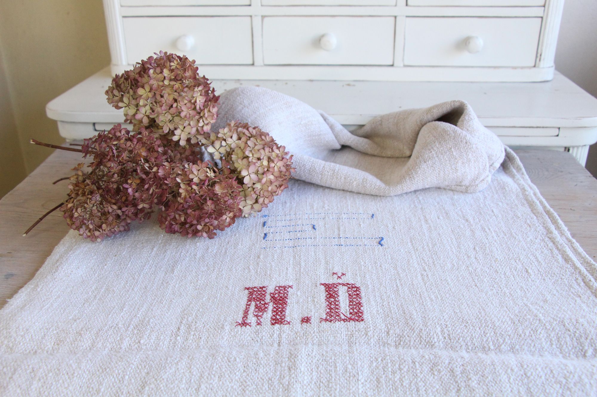 antiker Getreidesack aus Leine, Naturstoff, Tischläufer, Monogramm, langlebig, L 714 – Bild 3