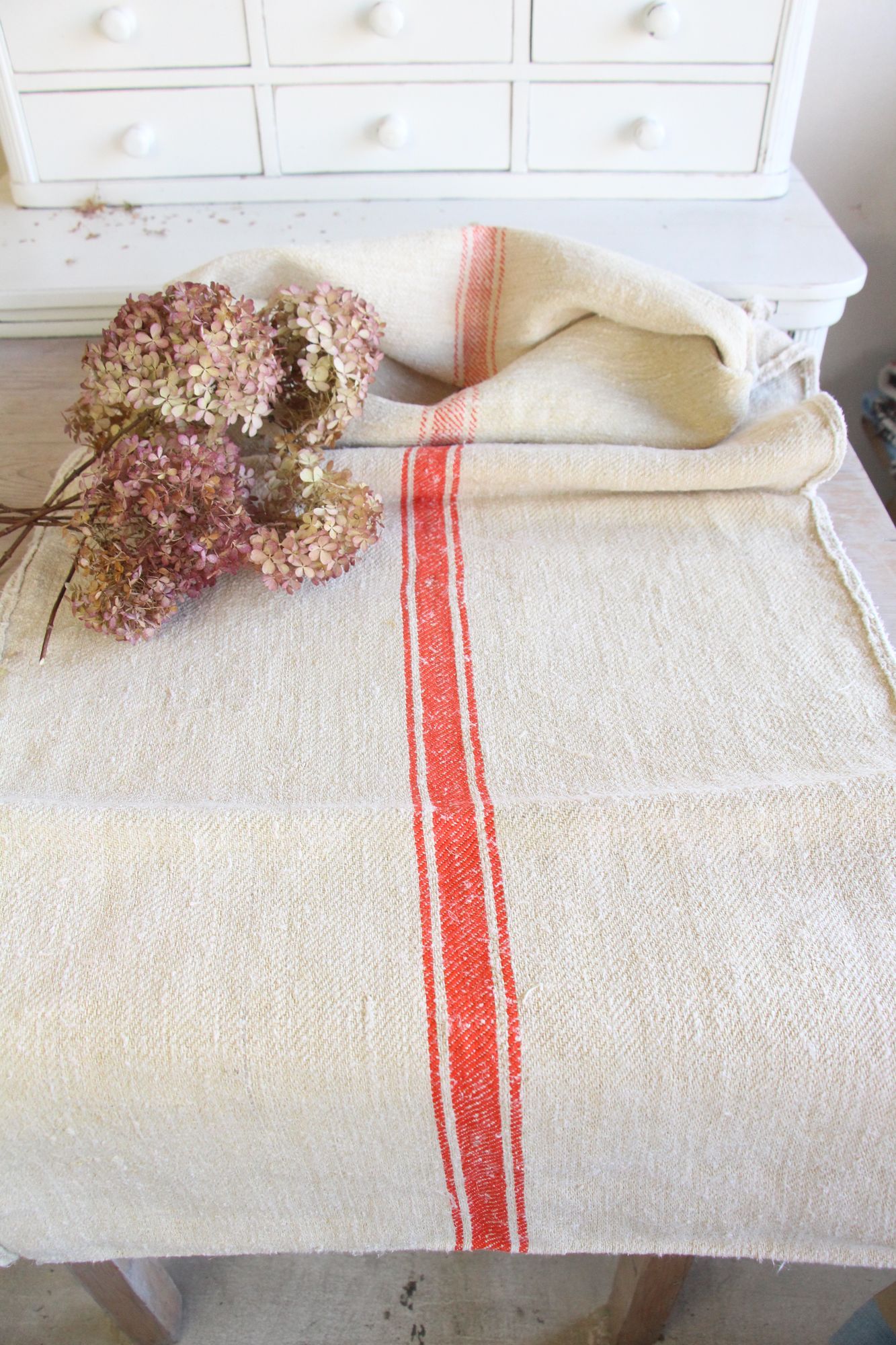 antiker Getreidesack aus Leine, handgewebt, Polsterstoff, seltene Streifen, langlebig, L 722 – Bild 2