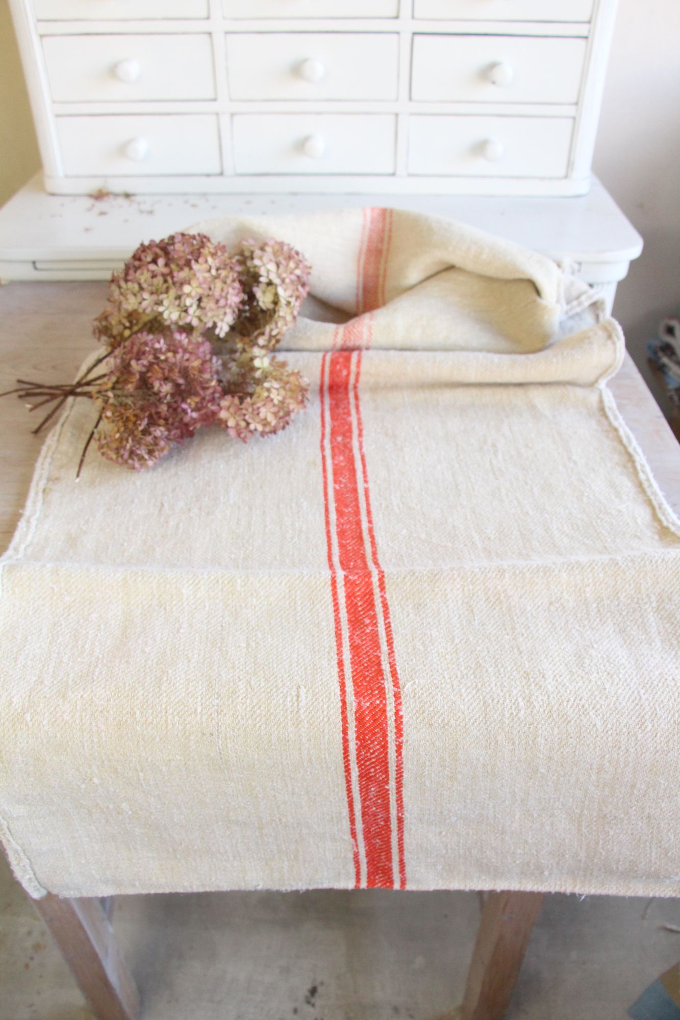 antiker Getreidesack aus Leine, handgewebt, Polsterstoff, seltene Streifen, langlebig, L 722