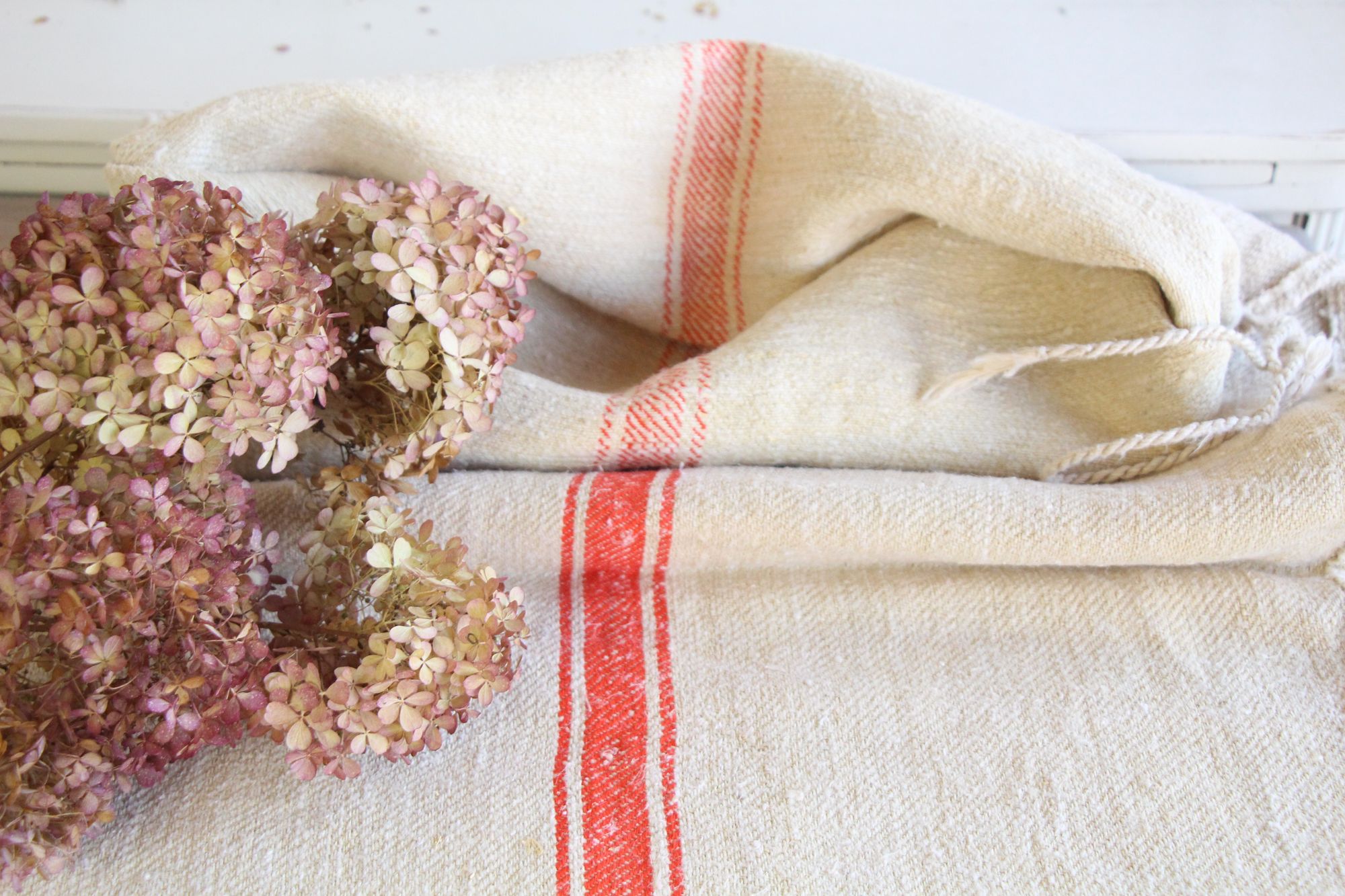 antiker Getreidesack aus Leine, handgewebt, Polsterstoff, seltene Streifen, langlebig, L 722 – Bild 3