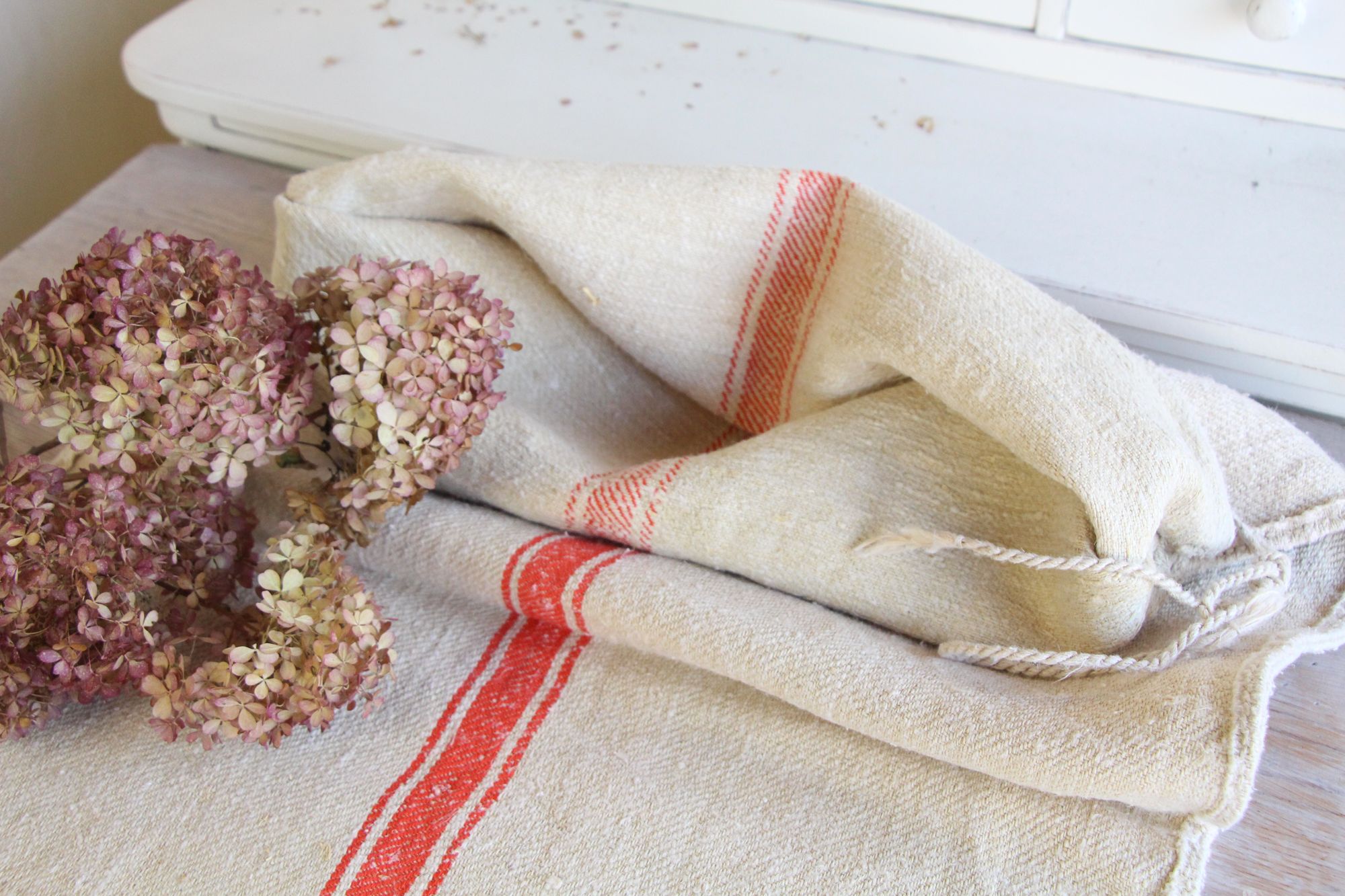 antiker Getreidesack aus Leine, handgewebt, Polsterstoff, seltene Streifen, langlebig, L 722 – Bild 4