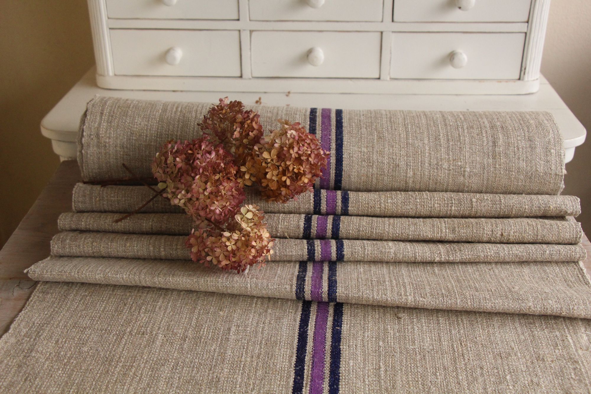 antiker Leinenstoff, 10,8 m, Polsterstoff, seltene Streifen, Langlebig, UW 478 – Bild 4