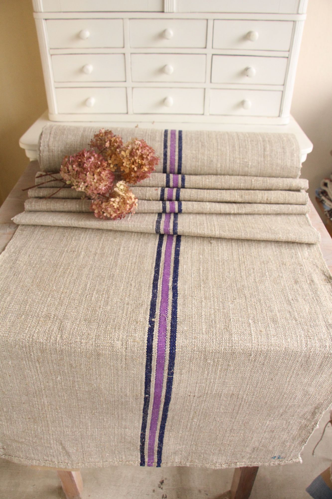 antiker Leinenstoff, 10,8 m, Polsterstoff, seltene Streifen, Langlebig, UW 478 – Bild 2