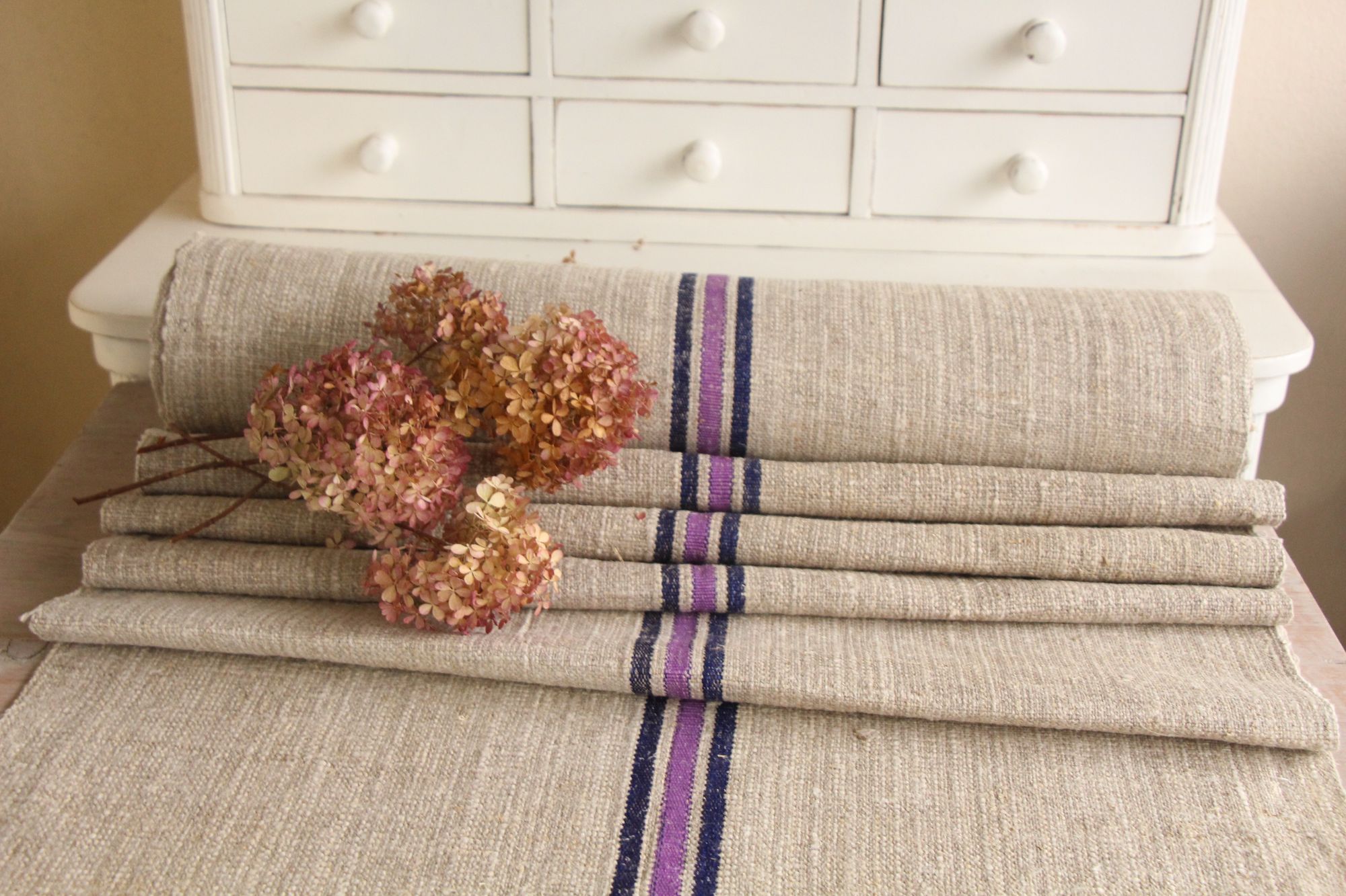 antiker Leinenstoff, 10,8 m, Polsterstoff, seltene Streifen, Langlebig, UW 478 – Bild 3