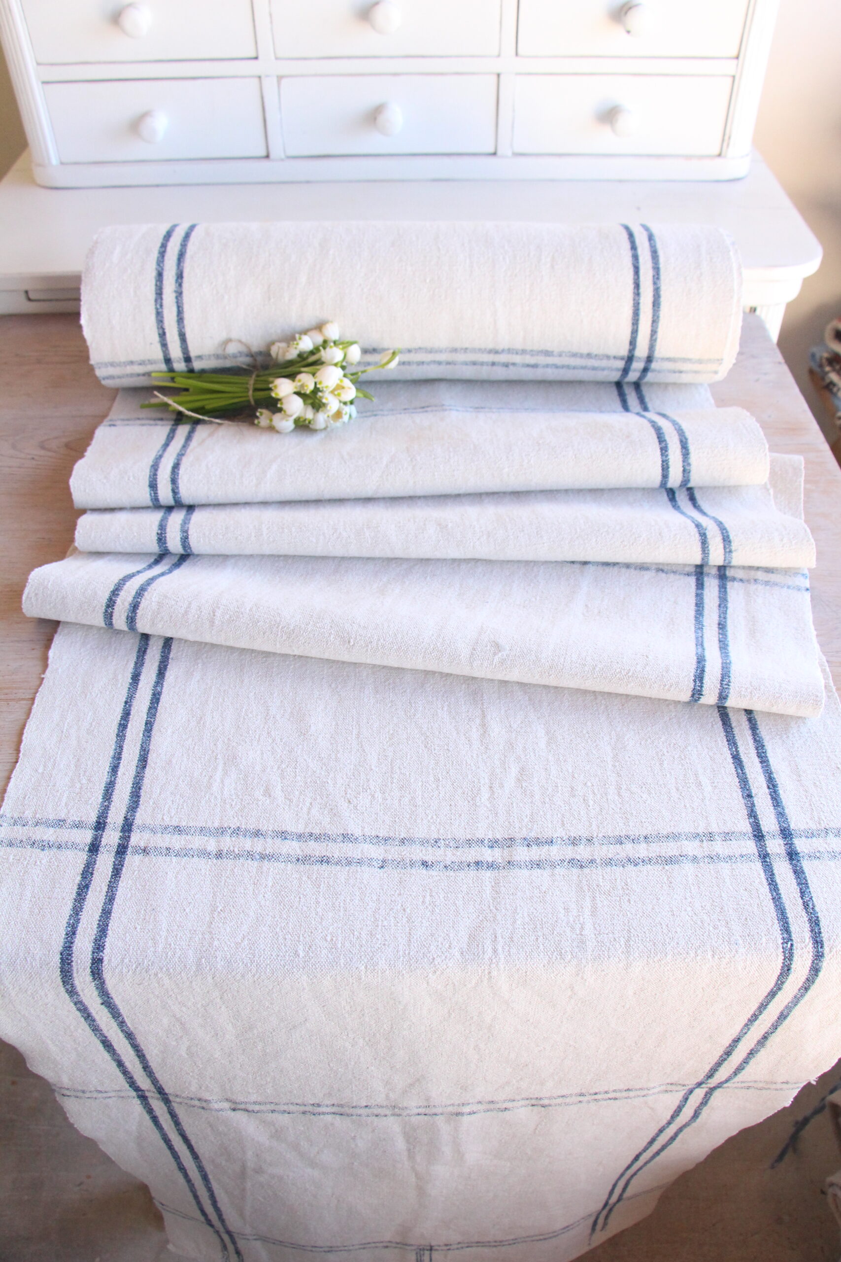 antique linen fabric, 15y, table cloth, faded stripes, durabel, Z 159 - Image 2