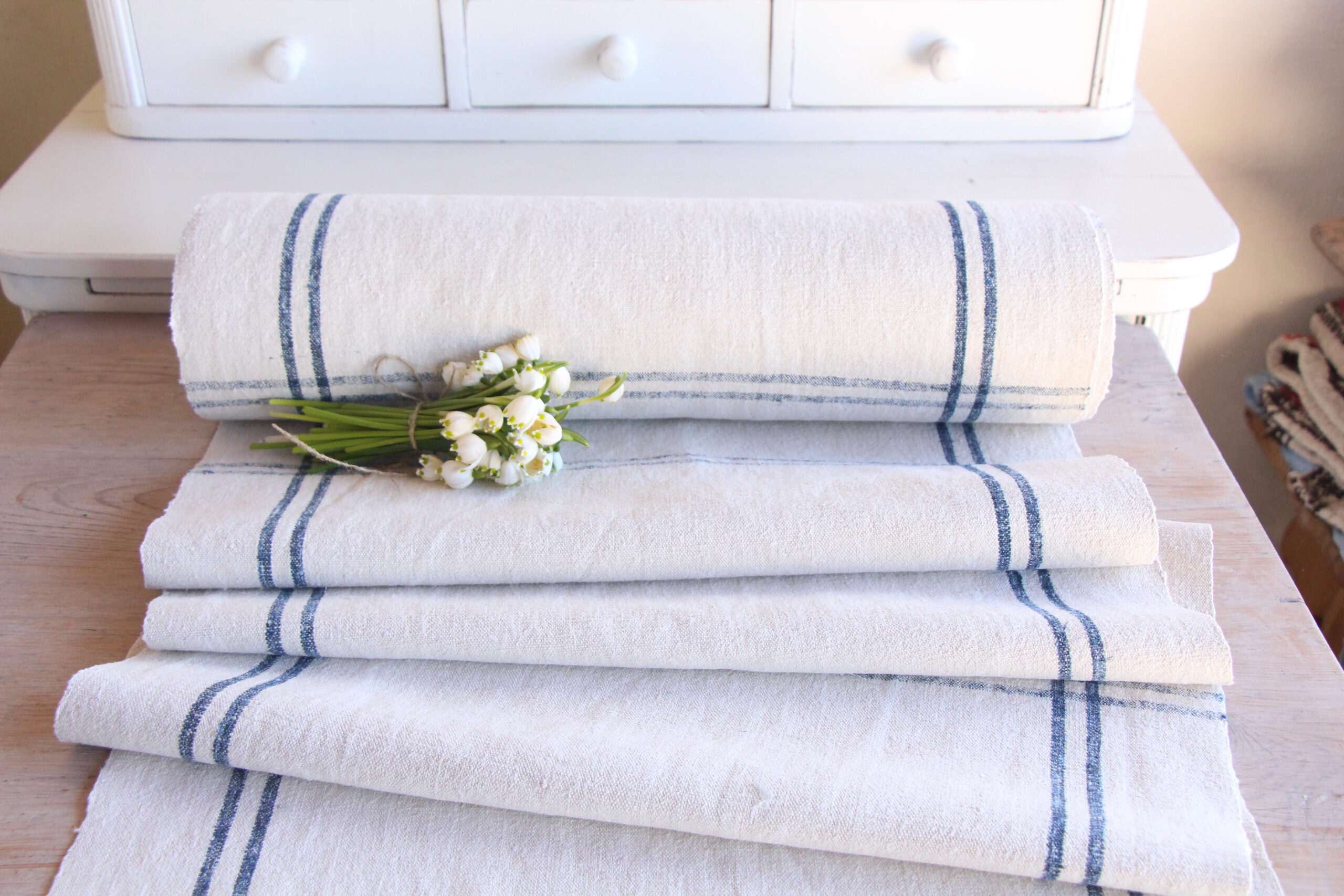 antique linen fabric, 15y, table cloth, faded stripes, durabel, Z 159