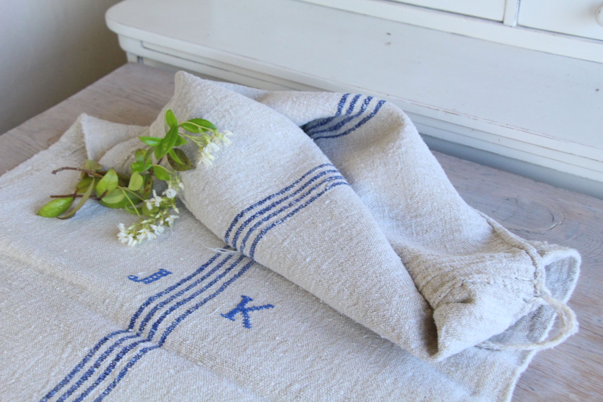 antique linen grainsack, pillow fabric, farmhouse decor, durable, L 140 A